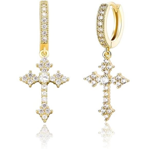 Amazon.com: JINAO Cross Hoop Dangle Earrings 14K Gold Plated  Cross Hoop Dangle Earrings 14K Gold Plated 5A+ Cubic Zirconia Cartilage